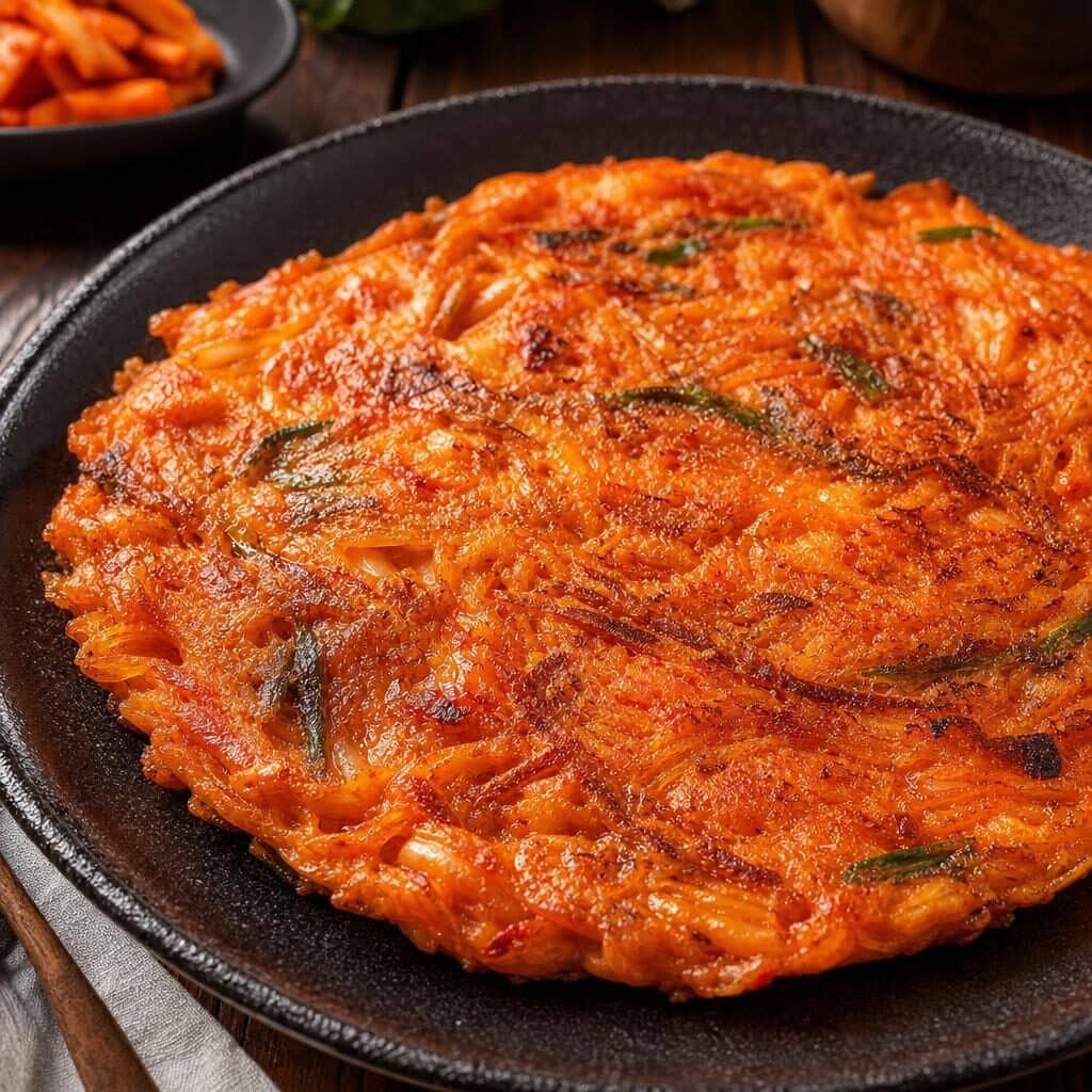 Kimchi jeon, a crispy Korean kimchi pancake with scallions, fresh off the pan