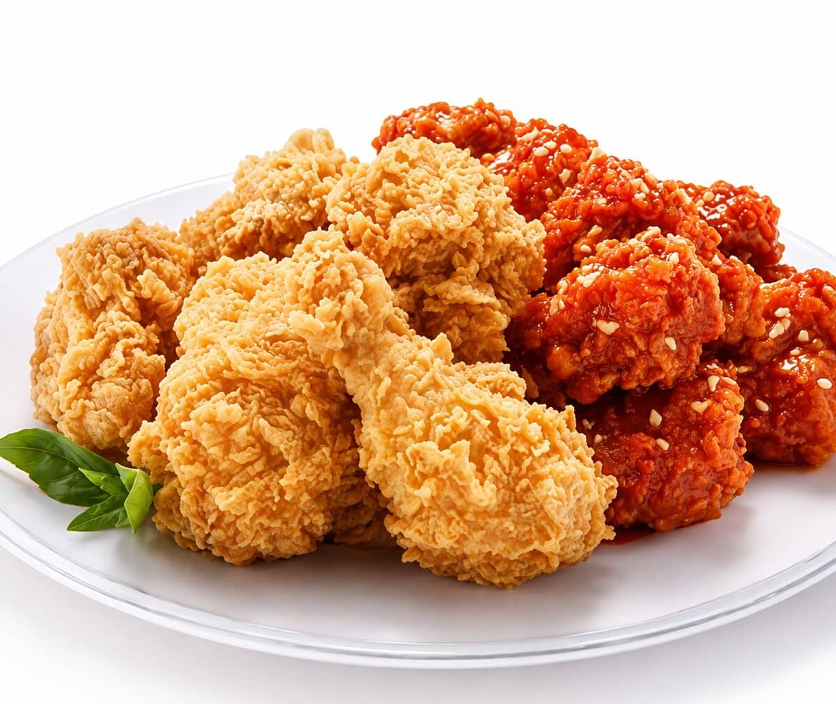 Korean fried chicken — half crispy original, half yangnyeom sweet-and-spicy glaze with sesame seeds