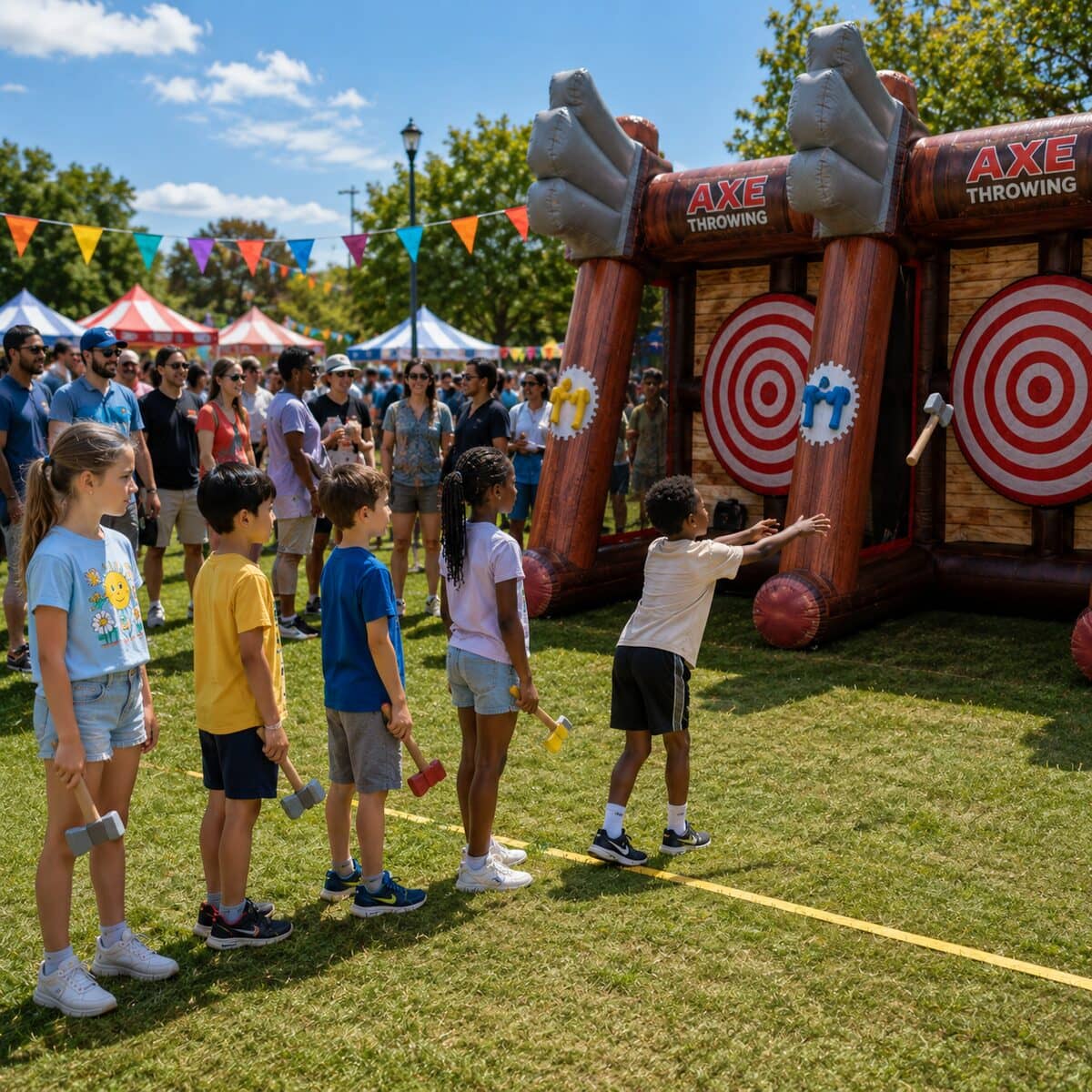 Kids taking turns tossing foam axes at the inflatable Axe Throwing target game
