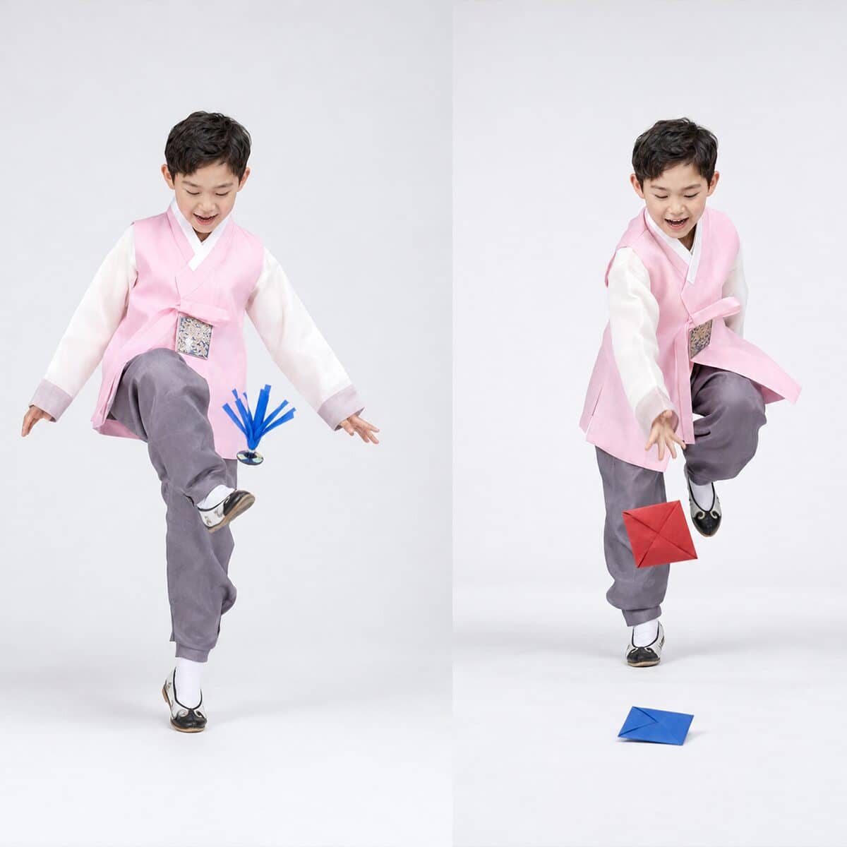 A child in Korean hanbok playing jegichagi (shuttlecock kick) and ddakji (paper-tile flip)