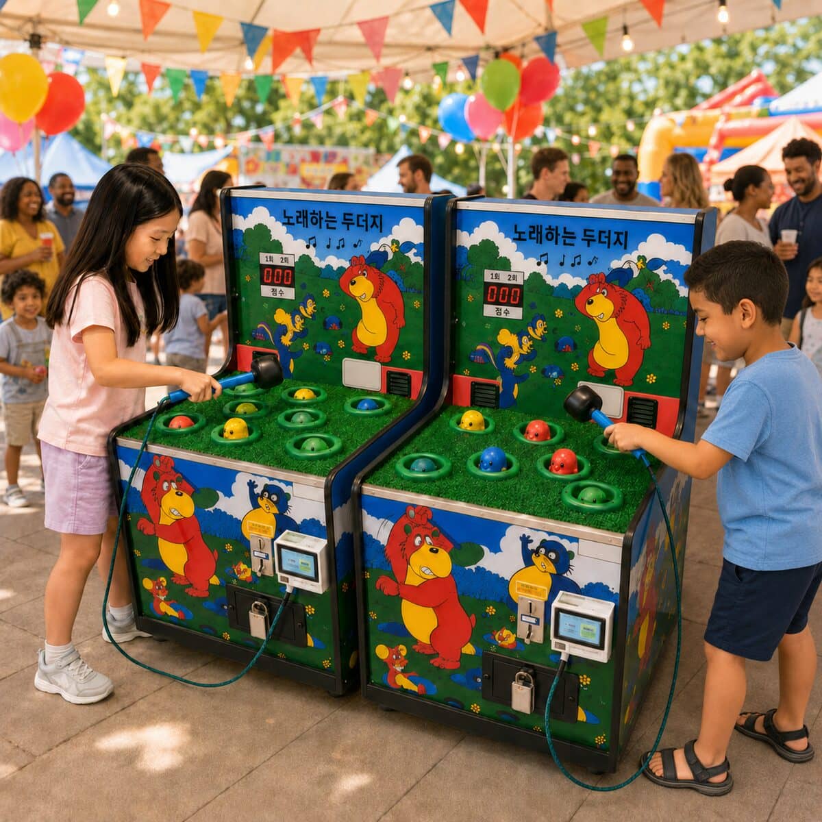 Two children playing side-by-side Whack-a-Mole (두더지 잡기) arcade machines