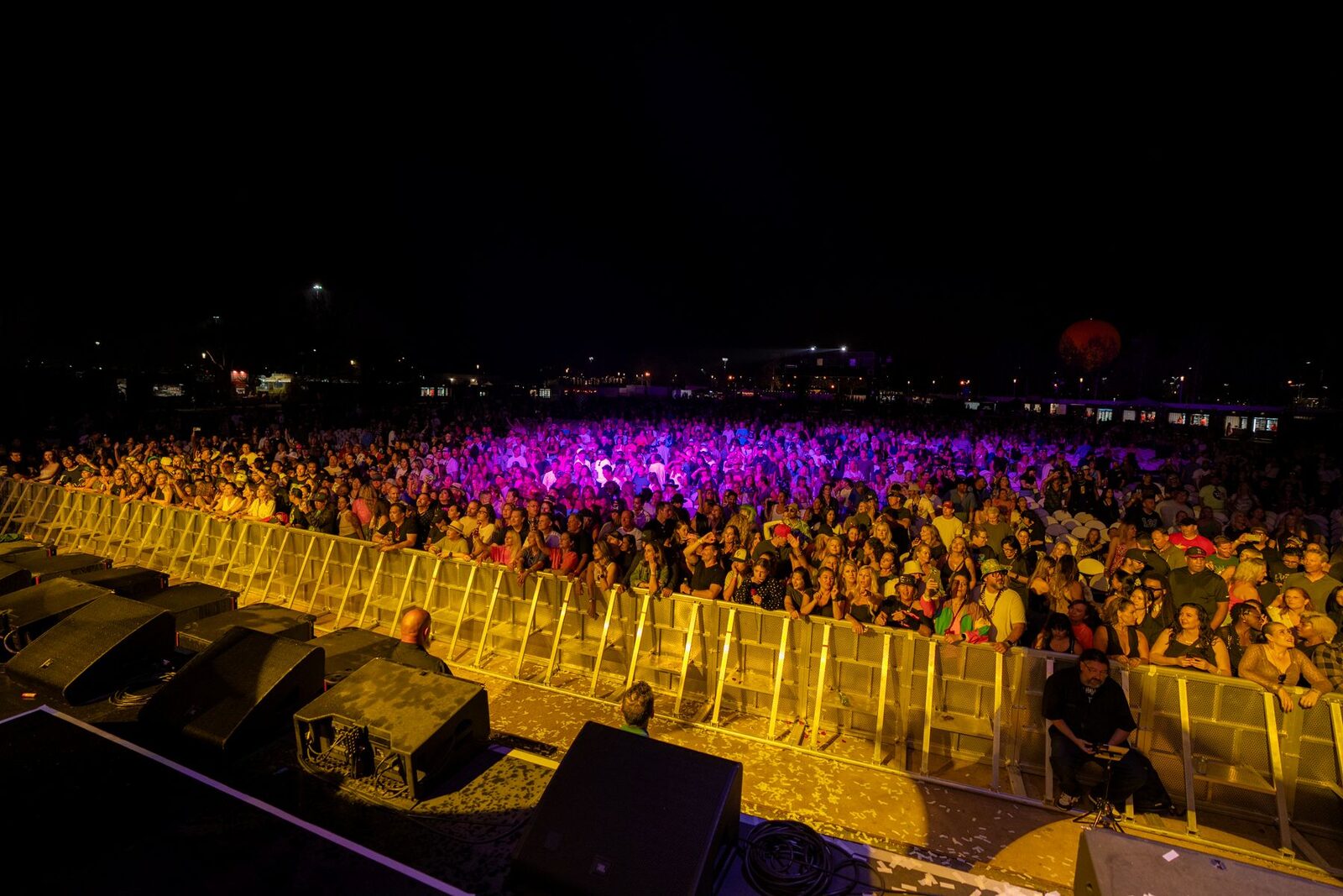 The pit crowd at a Great Park Live night concert under purple stage lights